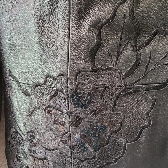 Nygard - Beautiful Black Leather/ Sweater Jacket with Floral Sequin Decoration - Picture 3 of 7